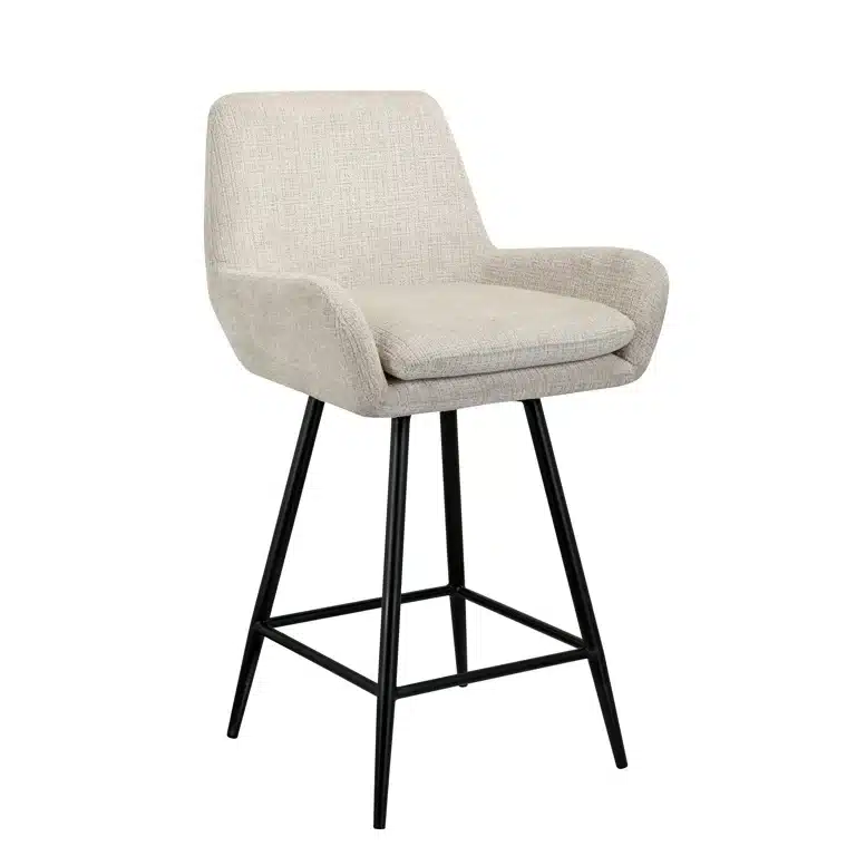 beige chenille swivel counter stool with black leg