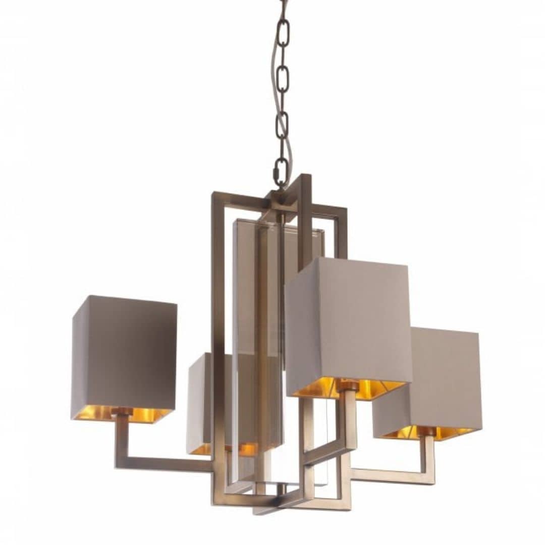 contemporary brass chandelier with cognac shades