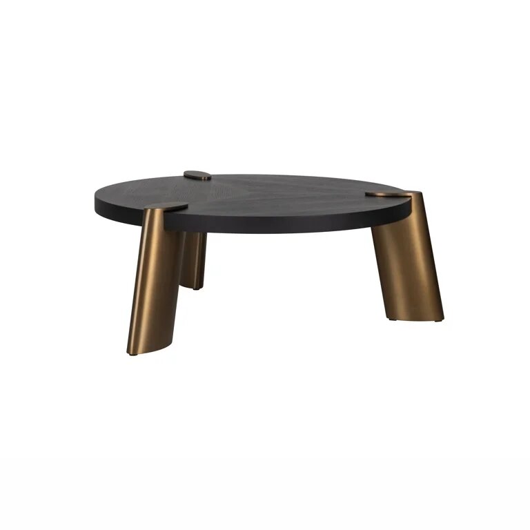 round coffee table with black top and brushed gold leg