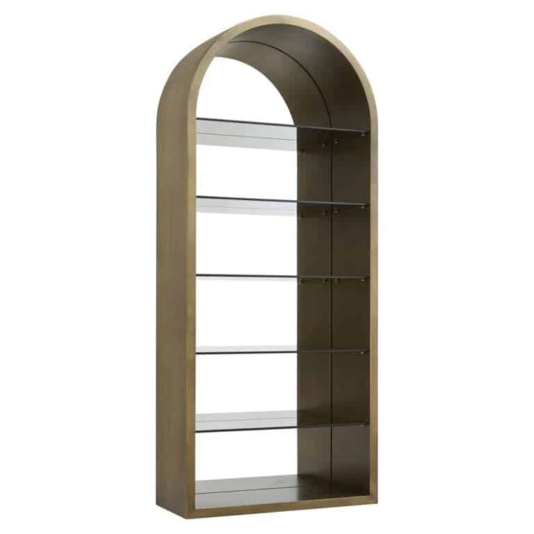Brushed gold display cabinet with glass shelving