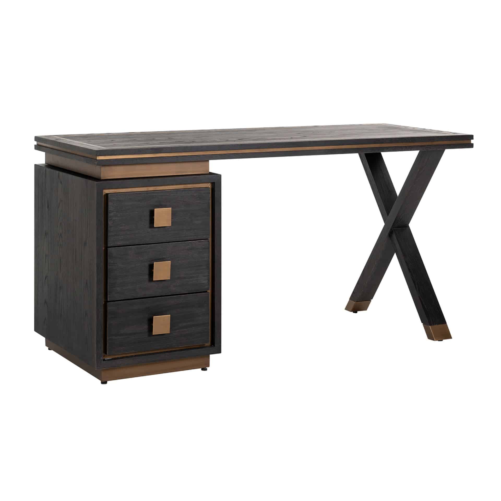 modern desk dark brown oak with brass frame