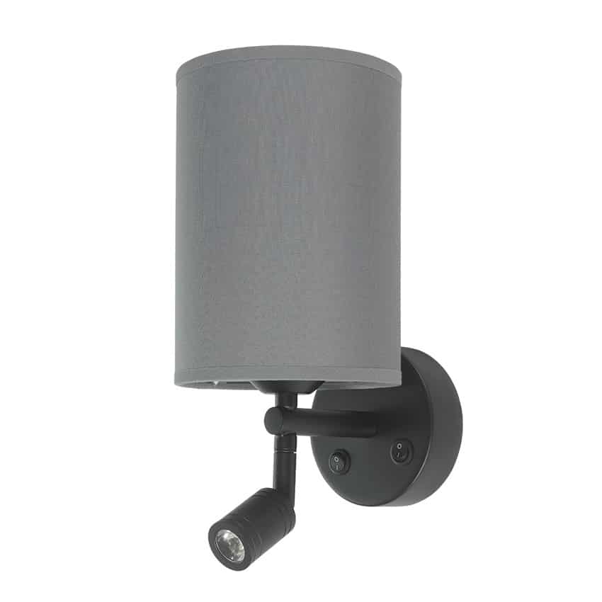 black wall light with grey linen shade