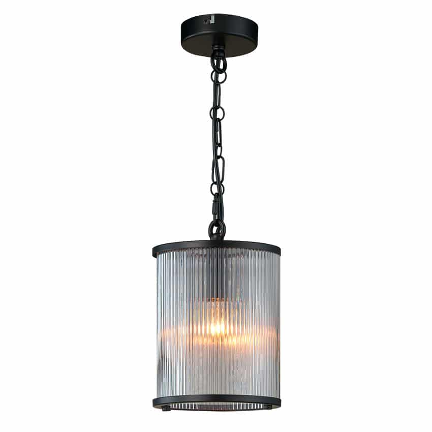 matt black ceiling pendant with ribbon glass