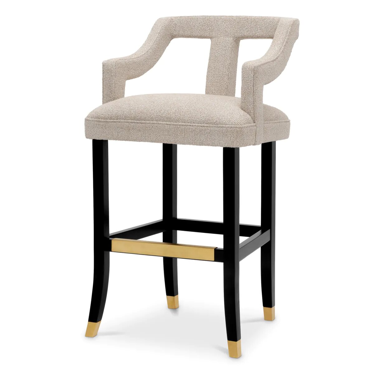 Bar Stool Roumier. Beige upholstery with black legs and brass accent .