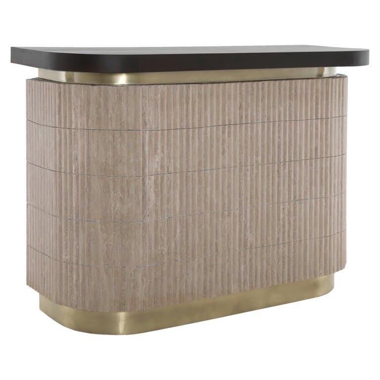 home bar. brown wooden top . textured travertine base