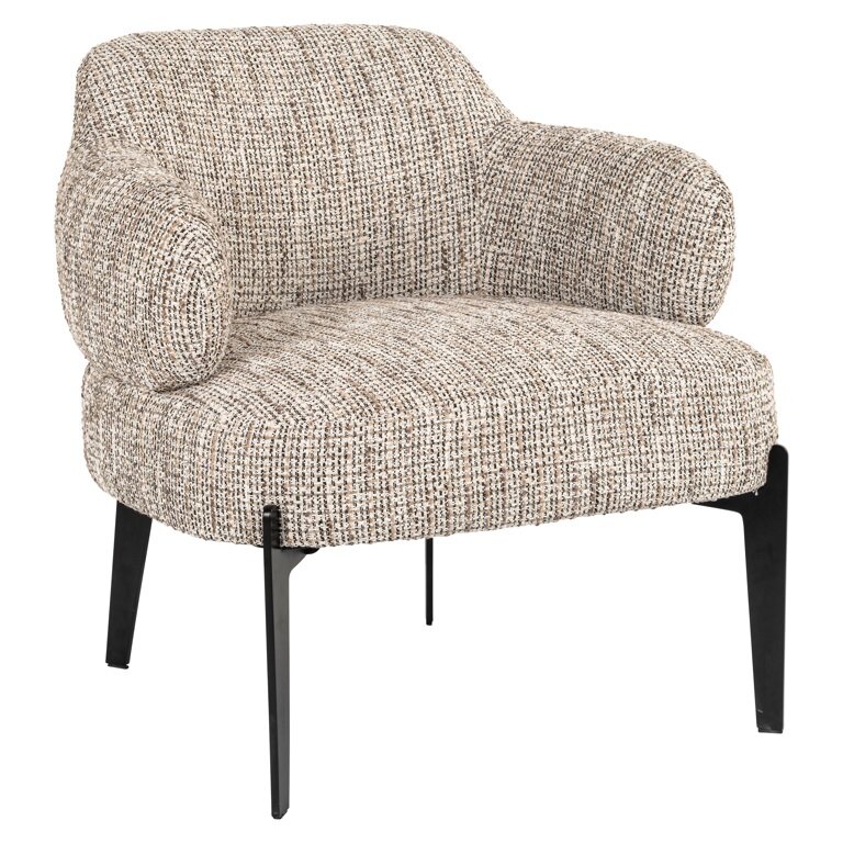 con temporary armchair in a beige fabric with black metal legs.