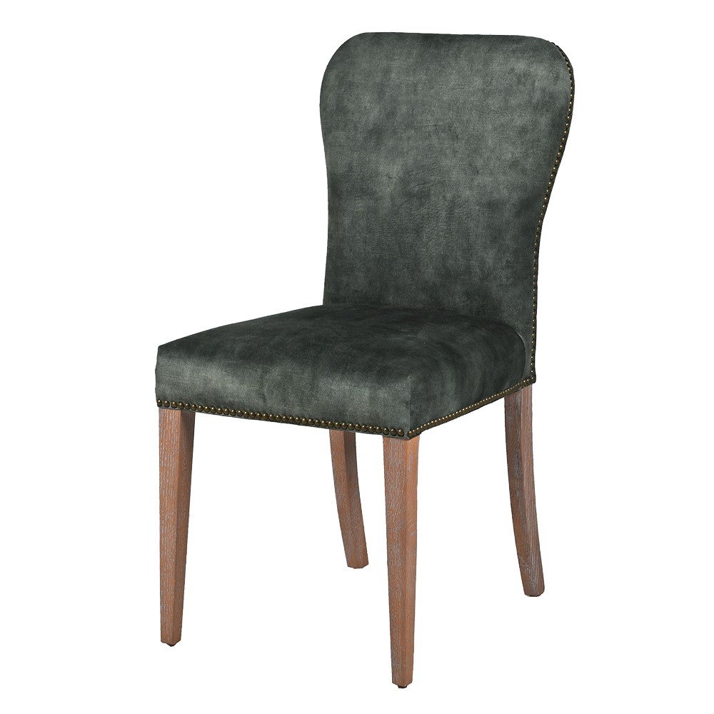 Green Velvet Dining Chair .Brass studding and Oak Legs
