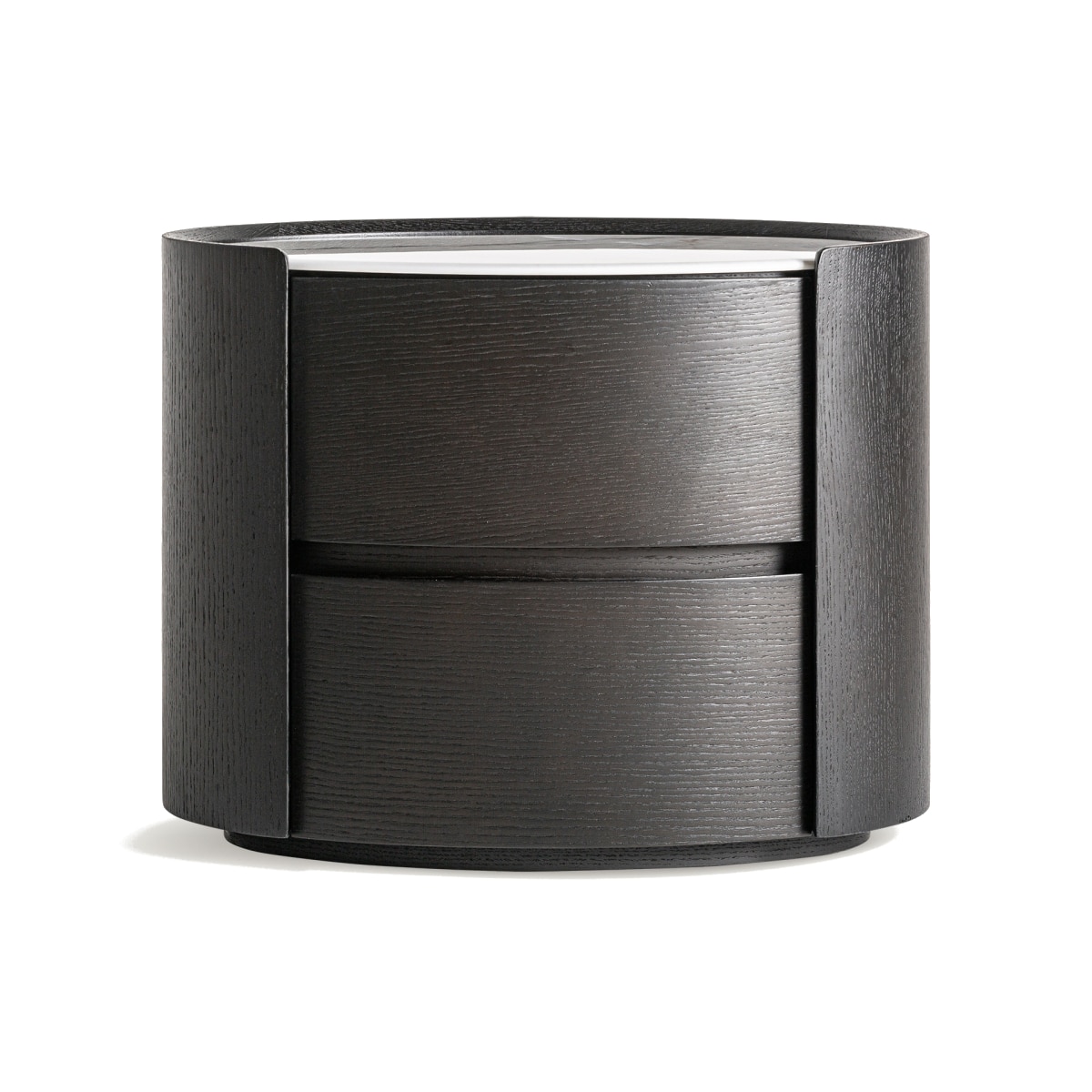 oval bedside table . black wood with stone top.