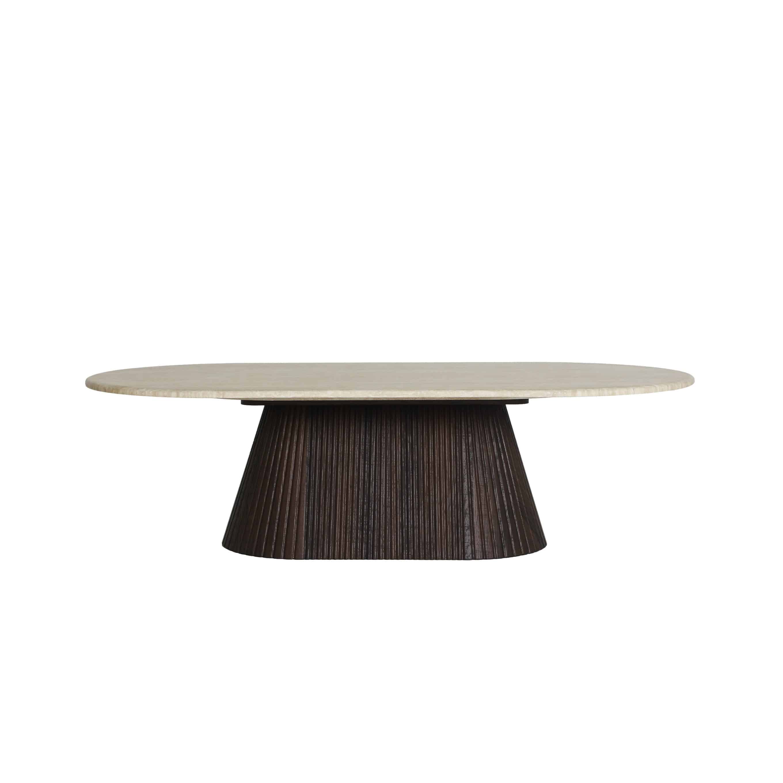 Valenza coffee table. Oval beige Marble top with dark wood ribbed base