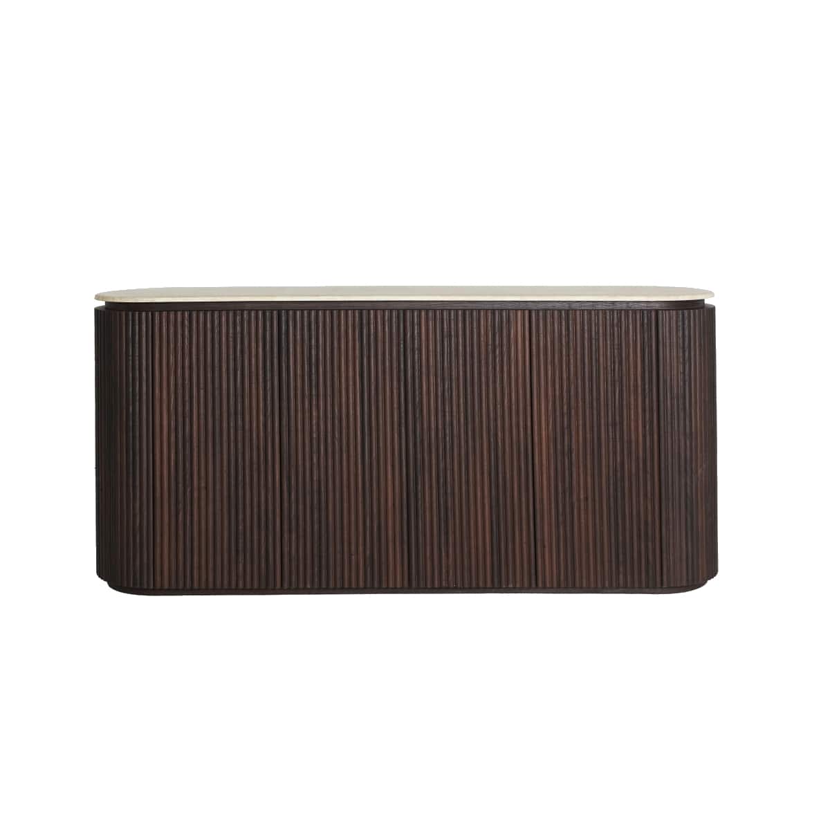 Valenza sideboard. 4 doors. Ribbed dark brown wood with beige marble top