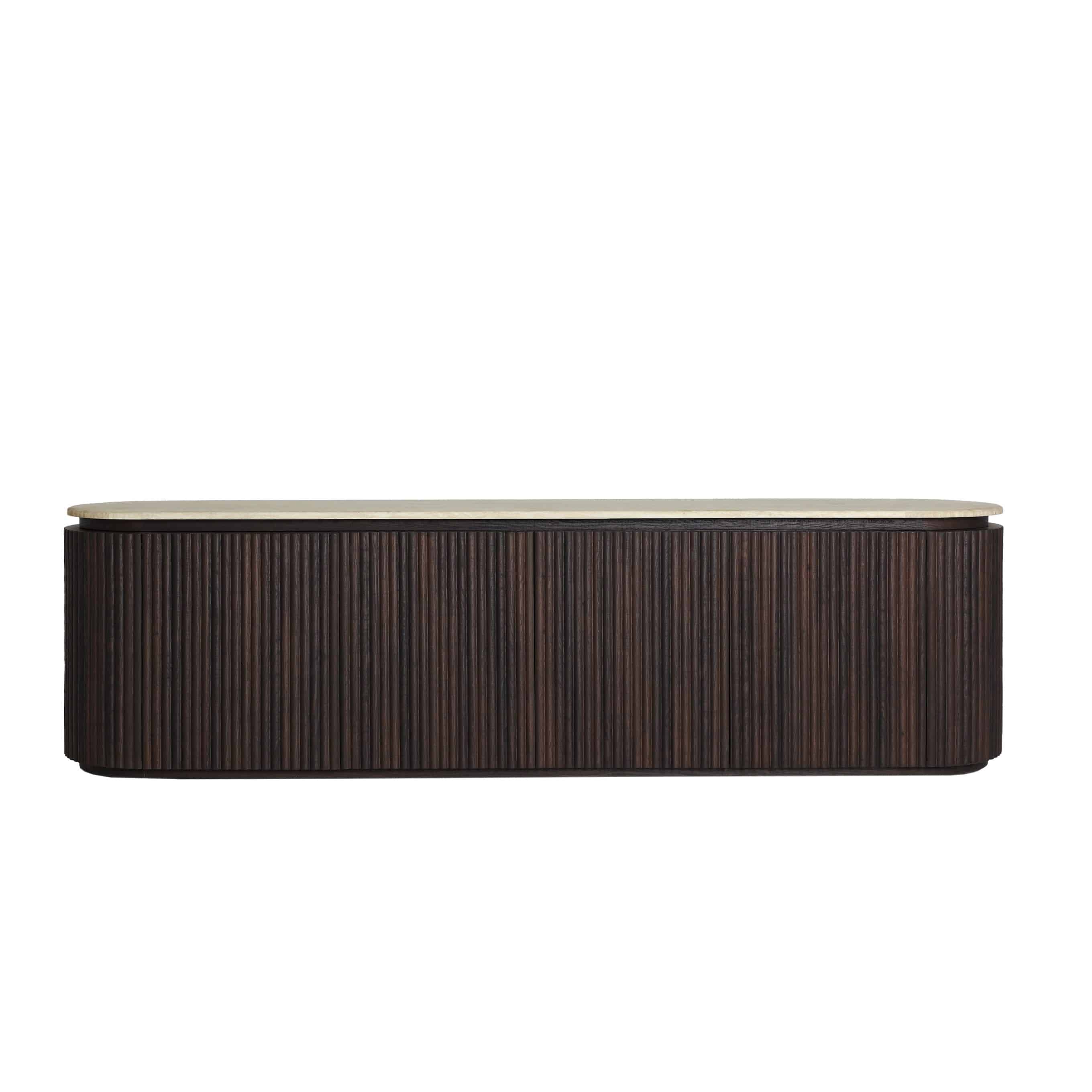 contemporary tv cabinet Ribbed dark brown wood. Beige Marble top