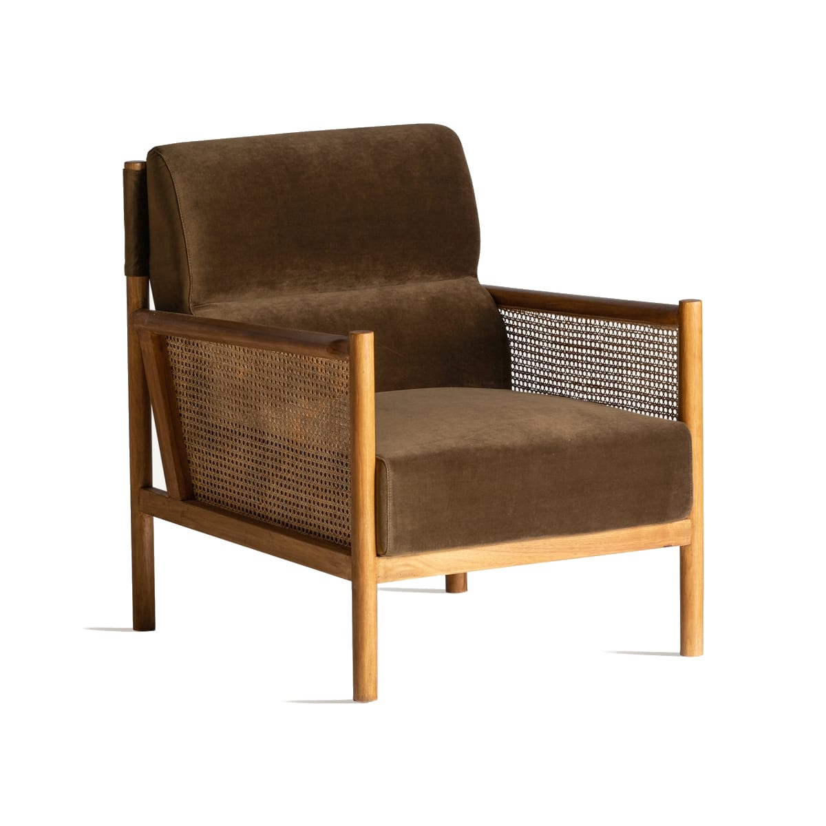 Rattan armchair with green velvet fabric