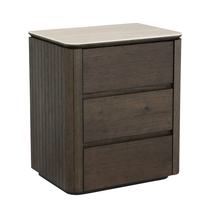 Adi bedside table . Rich Dark wood Frame. Cream Travertine Top. 3 Drawers