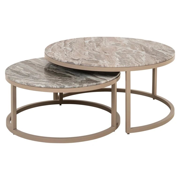 Fardella Set of Coffee Tables. Marble Top. Stone Coloured Frame