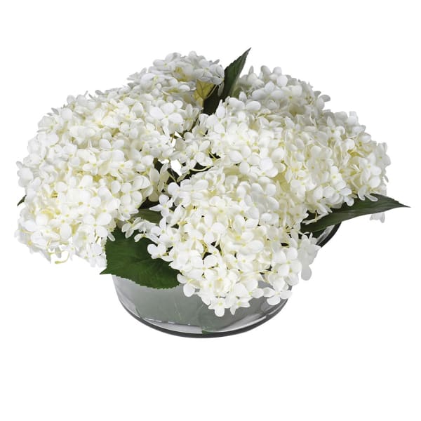 White Floral arrangement in glass bowl