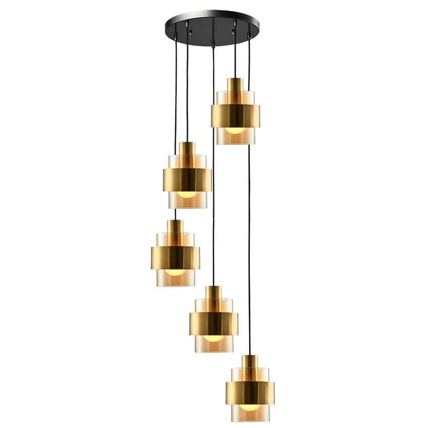 Five-light cascading chandelier. Amber glass shades accented with a brushed brass band. H min1200 max2300 x D480 mm