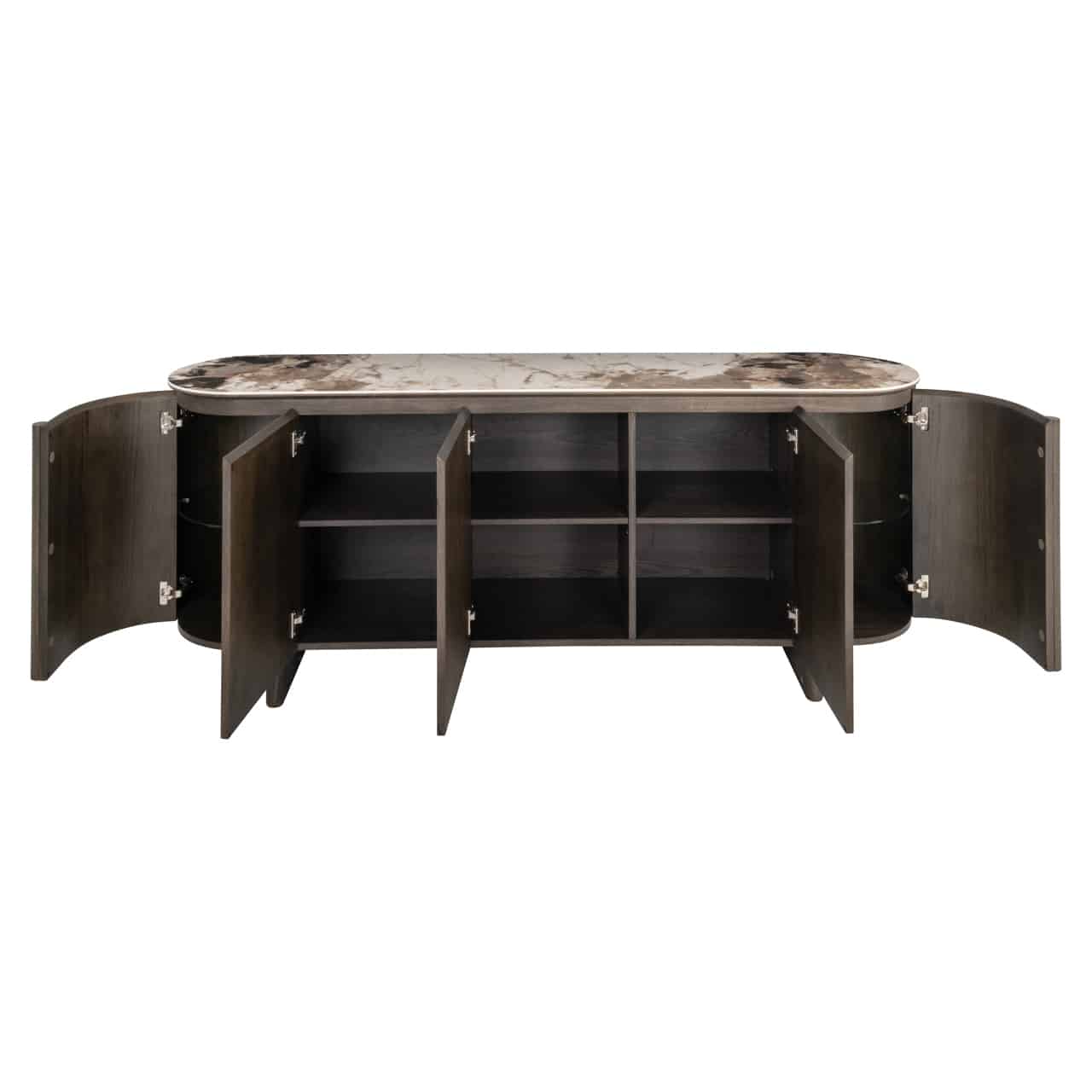 Elegant wood sideboard with a marble-effect top and curved design. For a coordinated look, pair with the Montauk TV Cabinet.