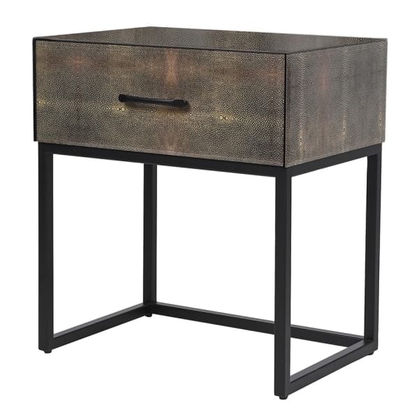 Elegant brown shagreen bedside locker with single drawer and sleek black metal frame, perfect for modern luxury bedrooms.
