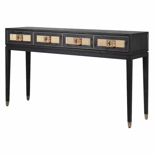 Black ebony 4 drawer console table in oak, rattan & iron with sleek design and ample storage—perfect for hallways, living rooms, and modern interiors.