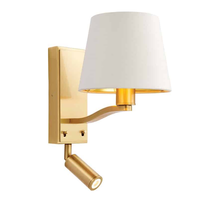 Harlow Wall Light – Brushed Gold with vintage white faux silk shade and metallic gold interior. Elegant, warm lighting for bedrooms and reading corners.