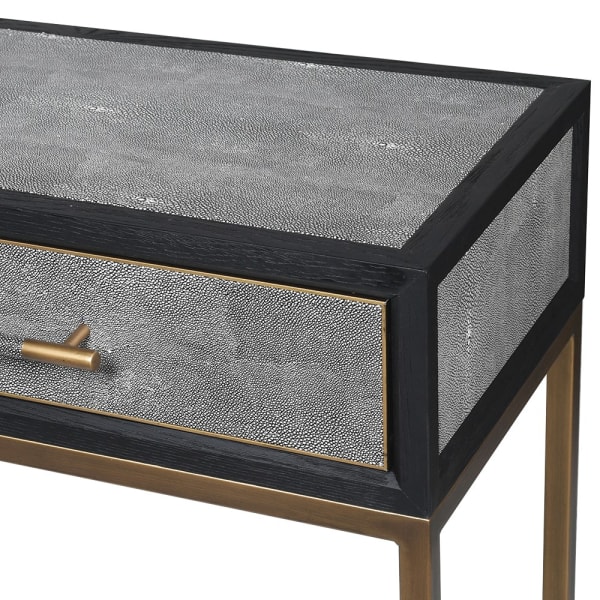 Kyoto oak and shagreen two drawer console table with brass legs fabric detail