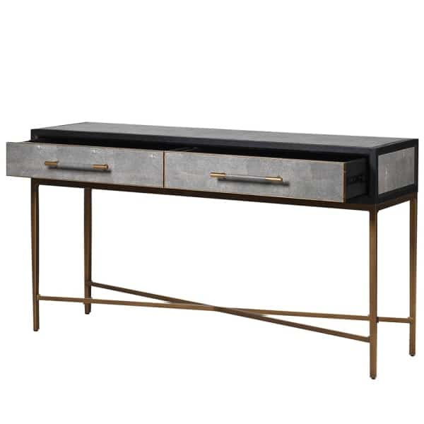 Kyoto oak and shagreen two drawer console table with brass legs