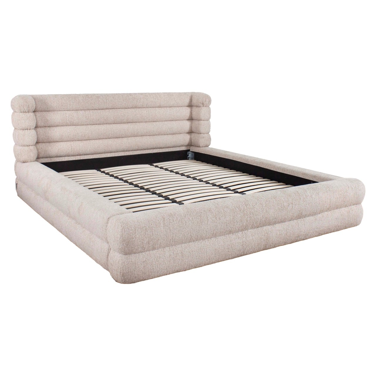 Obida Luxe Storage Bed. Fully upholstered in natural fabric with discreet built-in storage.