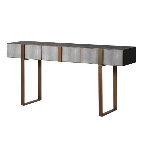 Satori Oak & Shagreen Console Table with 3 drawers, sleek silhouette, and elegant design—ideal for hallways, living rooms, and contemporary interiors.