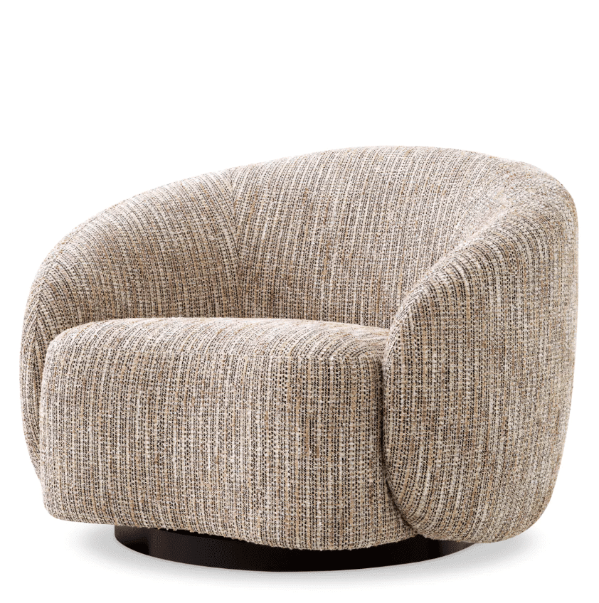 Swivel Chair Amore upholstered in luxurious Mademoiselle beige fabric. An elegant, organically shaped chair with a smooth swivel and sculptural appeal.