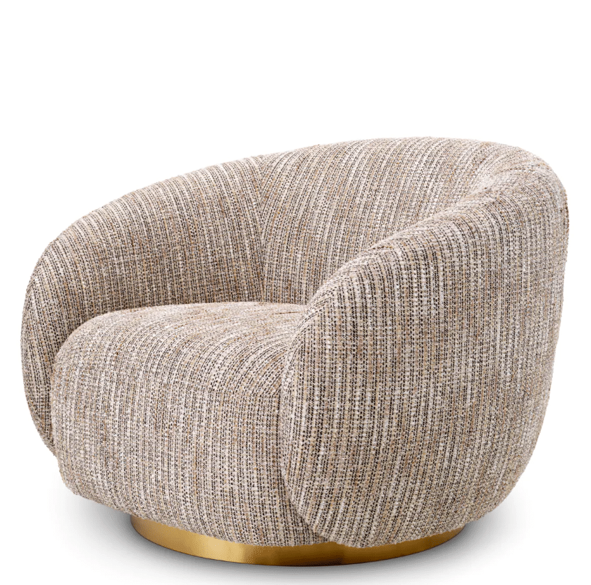 Swivel Chair Brice features soft curves, Mademoiselle beige upholstery and a brushed brass swivel base for relaxed, contemporary elegance.