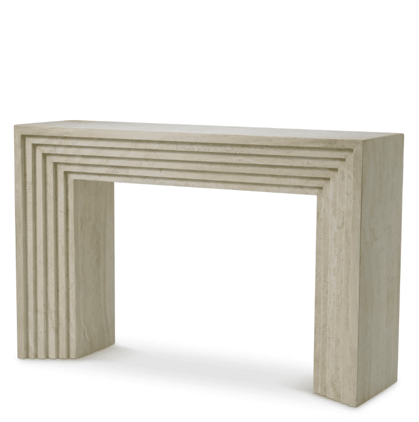 Tarrington Console Table in travertine with natural veining and sculptural detailing. A minimalist, elegant statement for refined modern interiors.