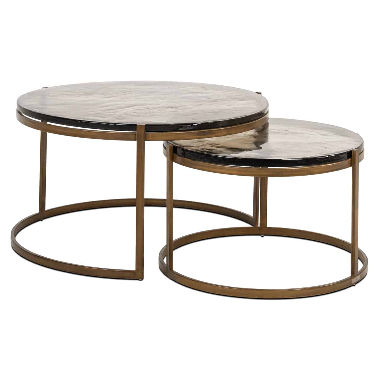 Cairo Coffee Tables – Set of 2 with cast glass tops and brushed gold iron frames. Elegant round nesting design for a light, luxurious living space.