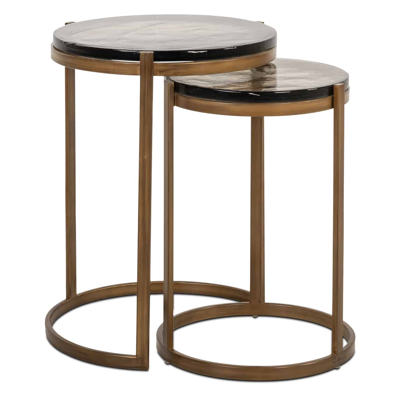 Cairo End Tables – Set of 2 in antique brass with smoked mirrored glass tops. Elegant nesting design, 59cm high, perfect for modern living spaces.