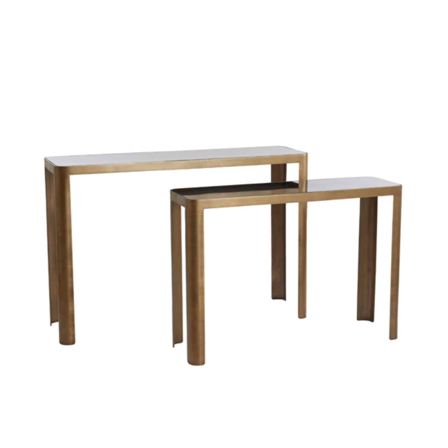 Smoked Glass and Brass console tables set of 2