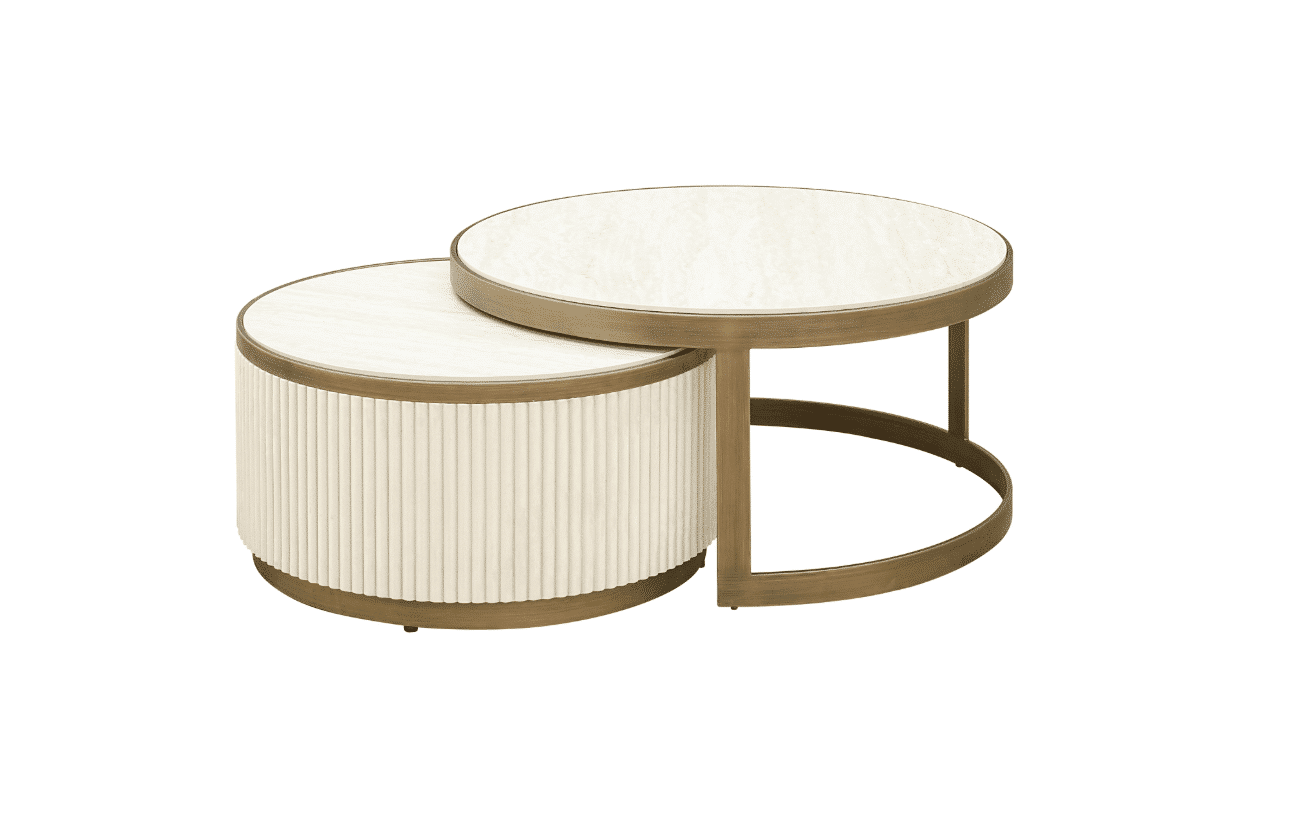 Talia Coffee Tables (Set of 2): curved design, fabric-textured panels, ceramic tops—luxurious modern tables for serene, stylish living spaces.