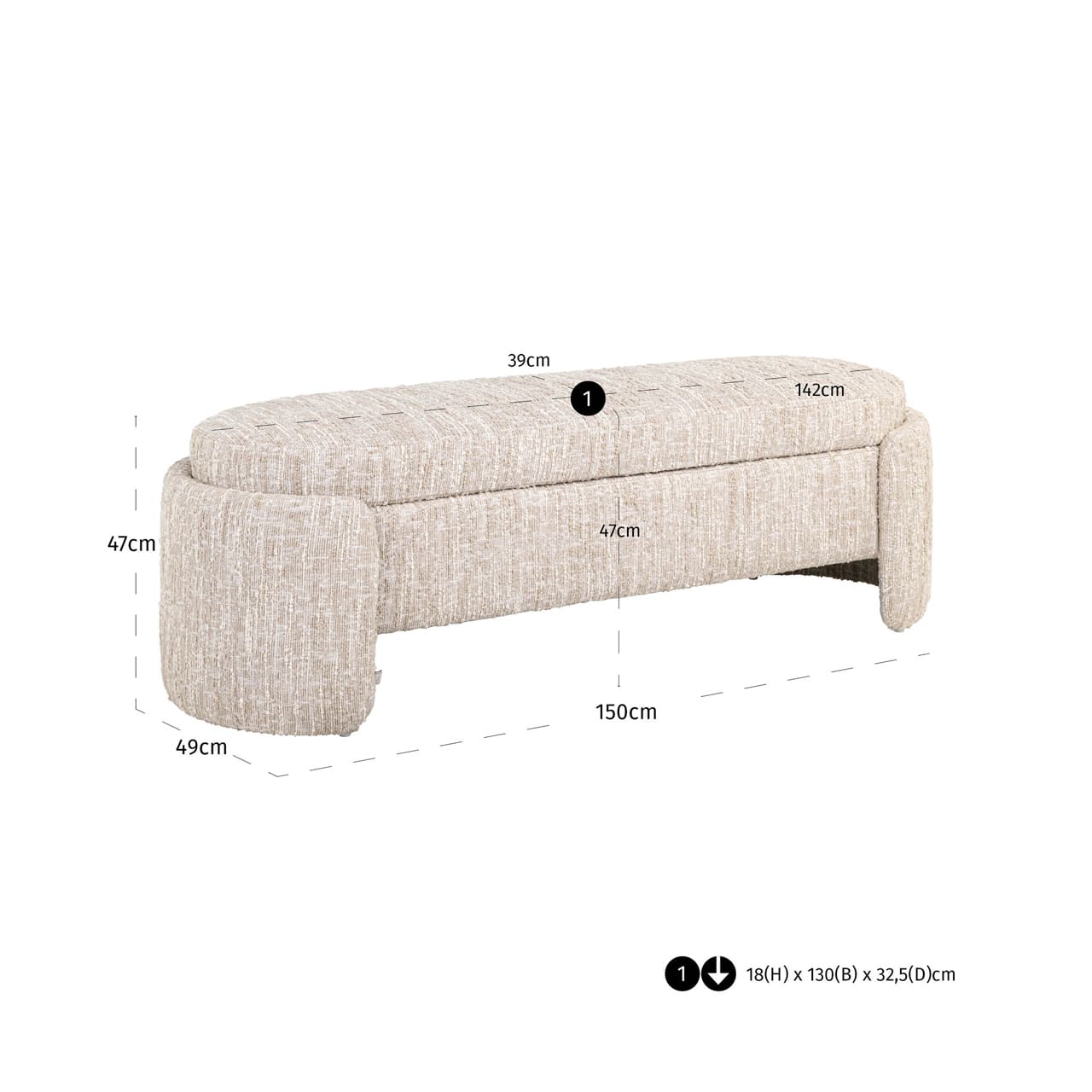 Cadenza Bench in beige angora fabric dimensions
