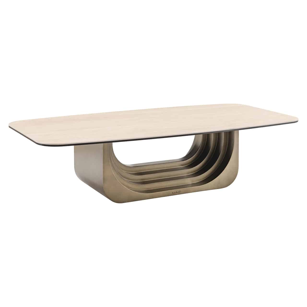 The Montclair coffee table combines a smooth wood top with a bold sculptural base, creating a striking and functional focal point.