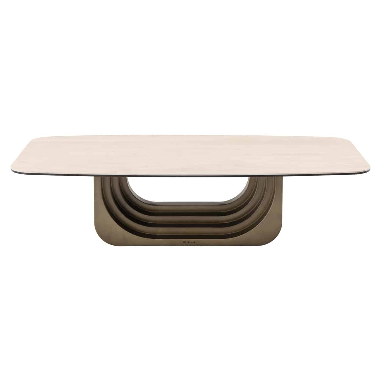 The Montclair coffee table combines a smooth wood top with a bold sculptural base, creating a striking and functional focal point.