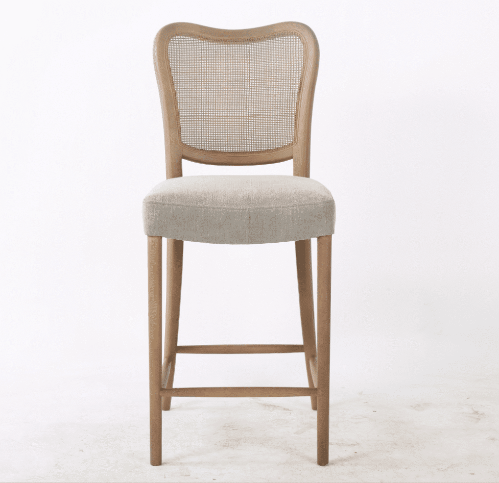 Bramley Counter Stool with rattan back, rustic brown frame and Steeple Grey seat. Stylish, comfortable seating for kitchen islands and breakfast bars.