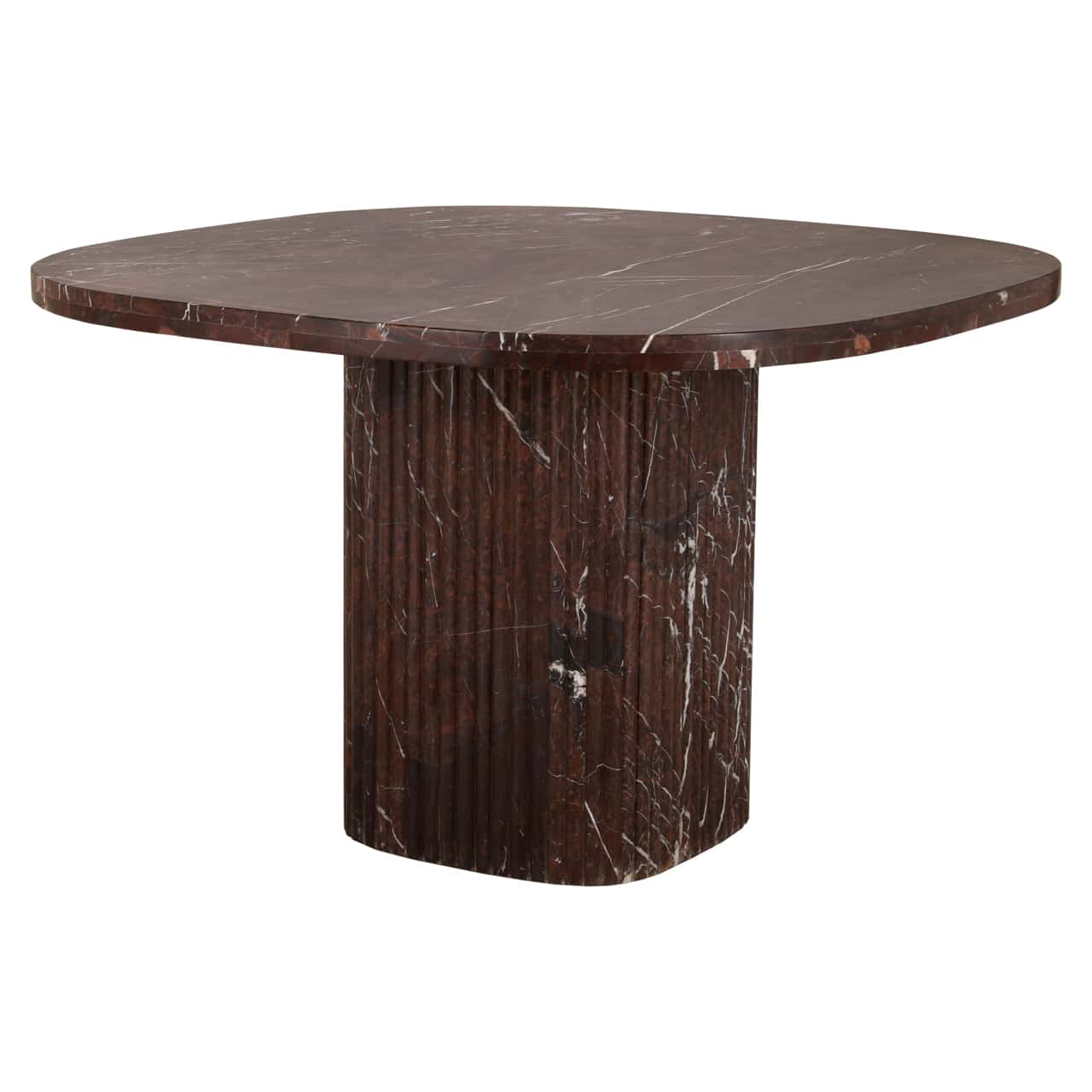 Luxury round dining table crafted from Indian Red Levanto marble, featuring a sculptural fluted base. A striking centrepiece for modern interiors.