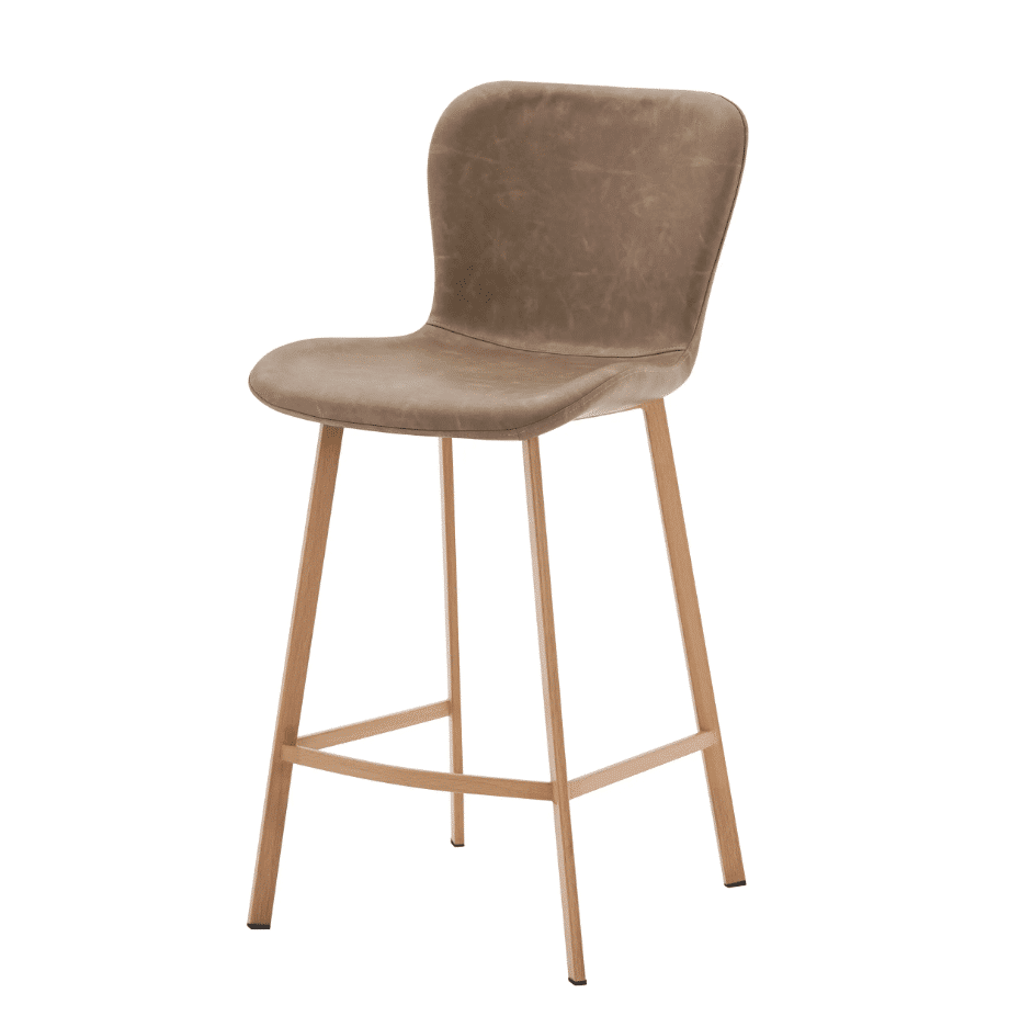 Liora counter stool in vintage beige PU with oak legs. Comfortable, stylish seating with a curved backrest. Also available in vintage green.