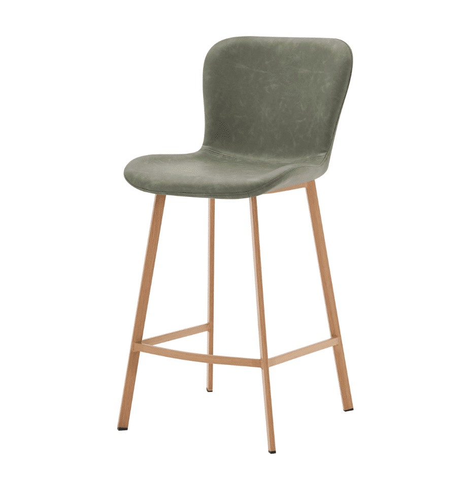Liora counter stool in vintage green PU with oak legs. A stylish, comfortable choice for any kitchen. Also available in beige.