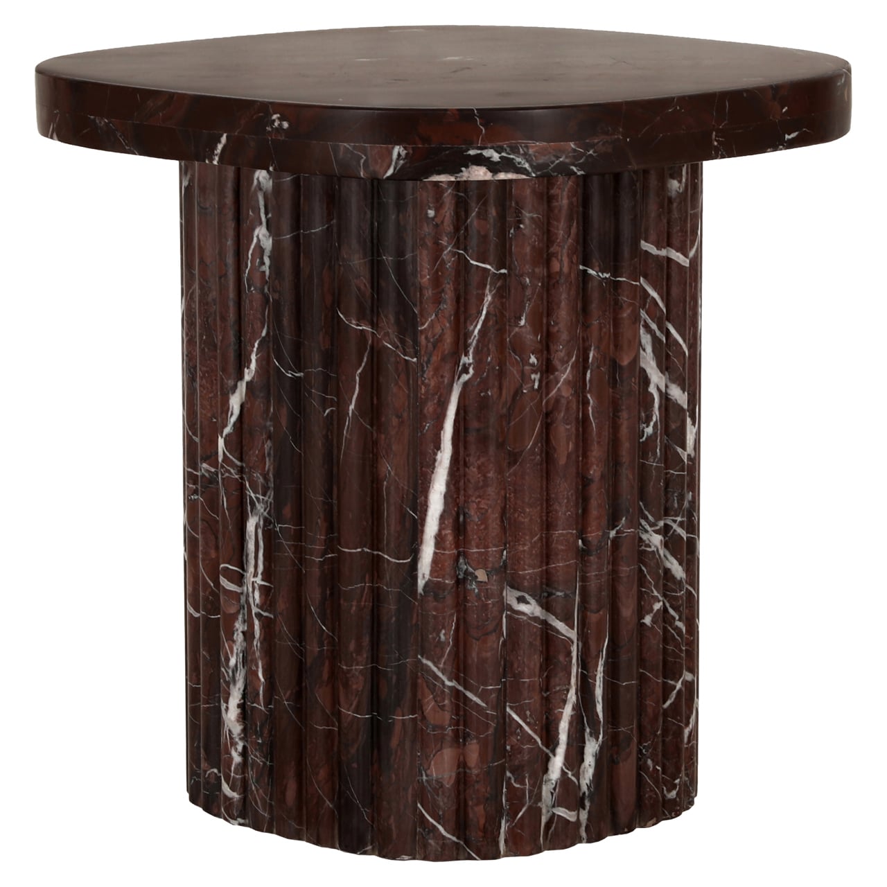 Elegant Red Levanto marble end table featuring natural veining and a fluted base. A refined accent piece for sophisticated interiors.
