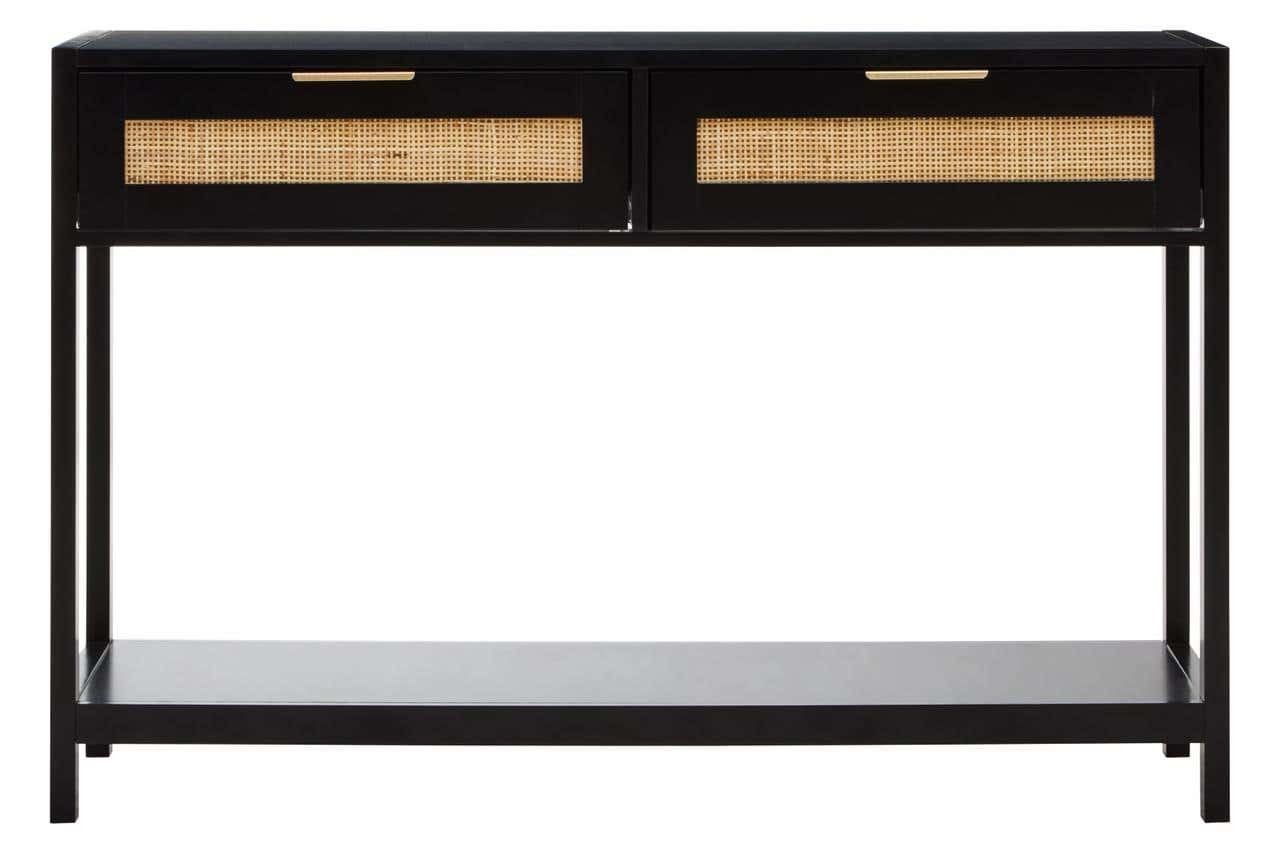 Solenne Console Tabke - Two Drawer Console Table Black Wood & Rattan