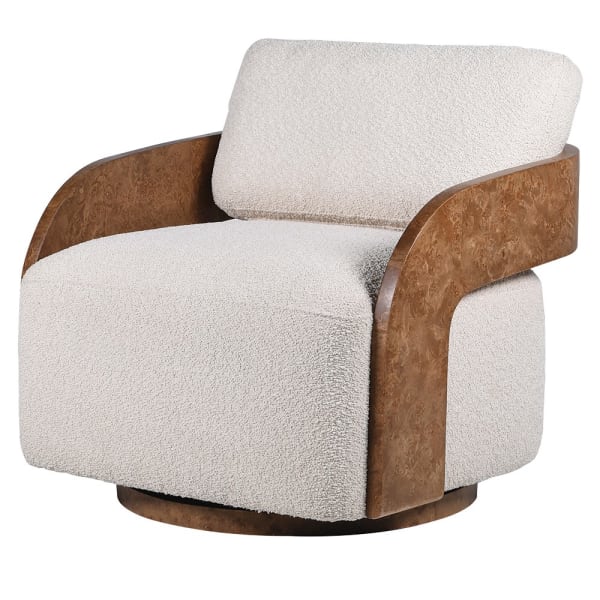 Discover the Henley Cream Bouclé & Burl Swivel Chair, featuring luxurious bouclé upholstery, rich burl wood detailing and a smooth 360° swivel base
